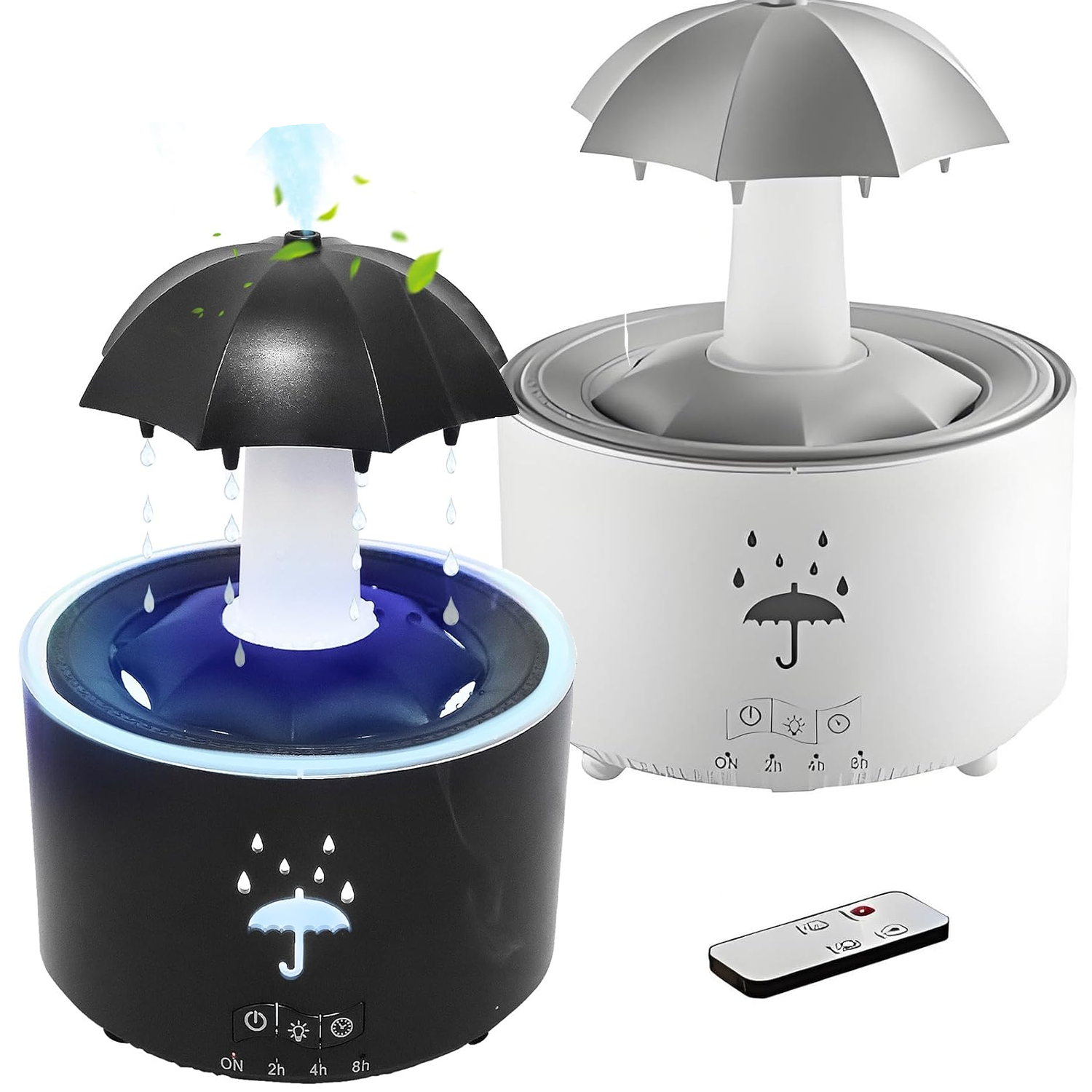 Humidificador blanco y negro, humidificador relajante, humidificador de sombrilla, aromaterapia, humidificador con sonido relajante.