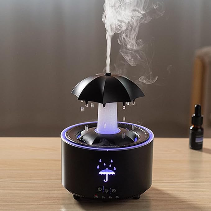 Humidificador negro, humidificador relajante, humidificador de sombrilla, aromaterapia, humidificador con sonido relajante.